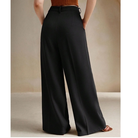 Plus Solid Pockets High Waisted Wide leg Trouser Pants - Picture 6 of 7